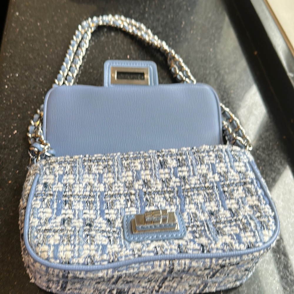 COPY - Karl lagerfeld tweed bag with silver hardware . Long double chain